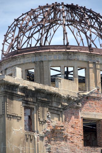 A closeup of the structure of a steel dome frame