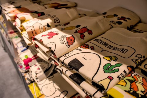 Tote bags with cute, simple characters and designs on them