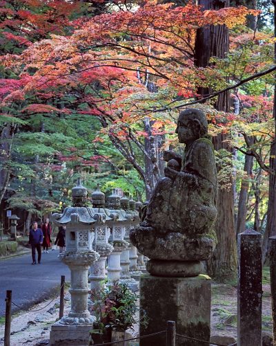 Stone statues and lanterns stand amid colorful autumn leaves
